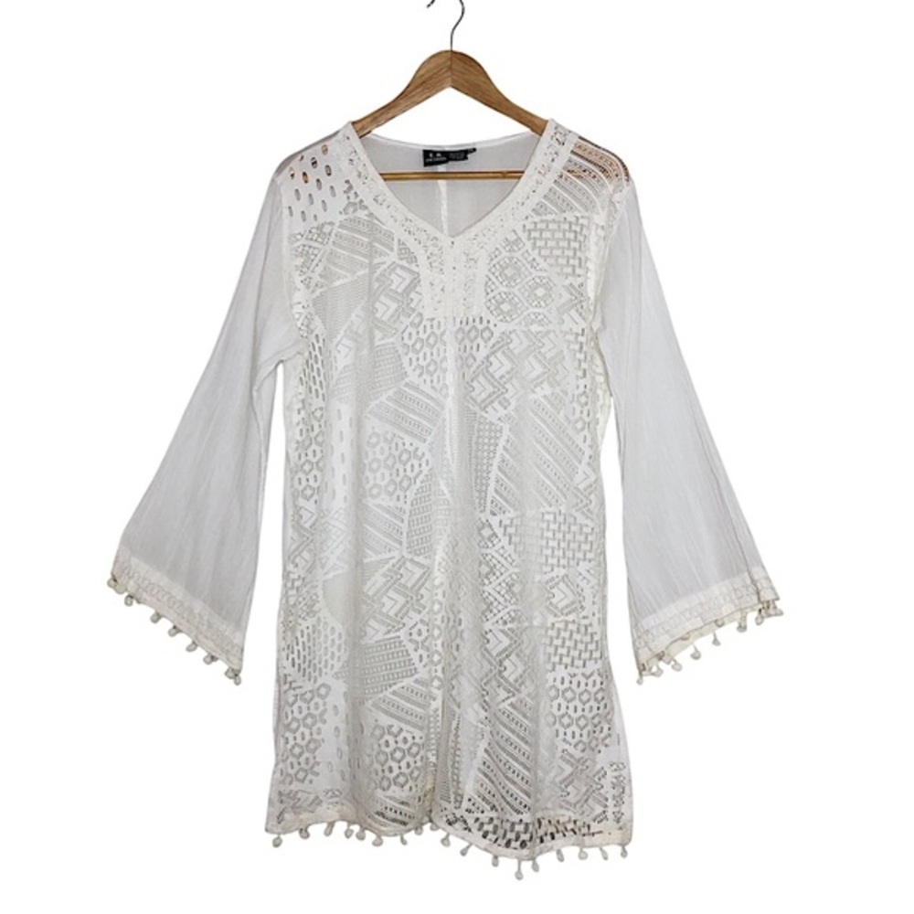 S.R. FASHION Women’s Cotton Off White Boho Lace Pompons Detail Swim Cover Up 1X